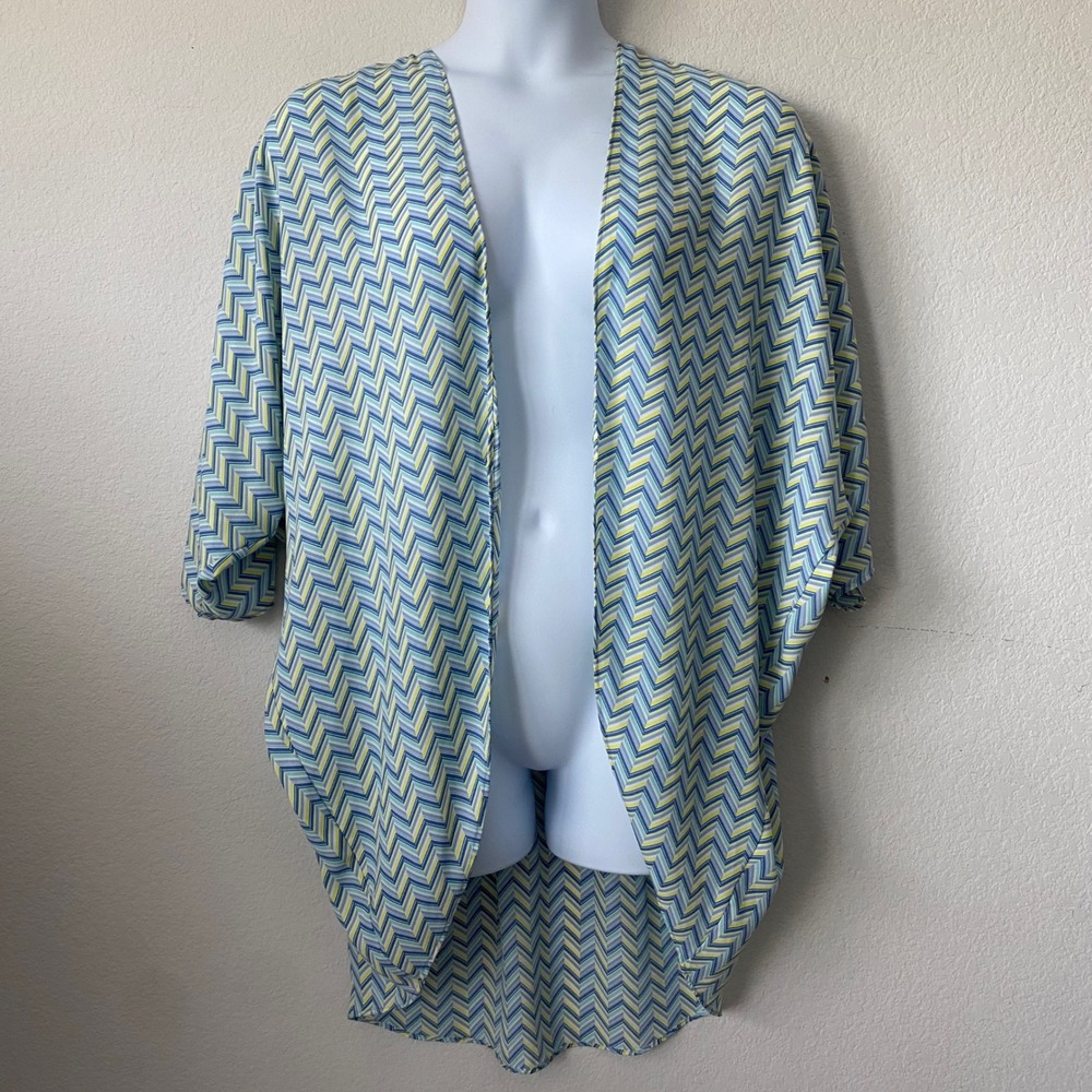 C Wonder Kimono Cardigan Large Blue Yellow Women Boho Chevron Open Front Coverup